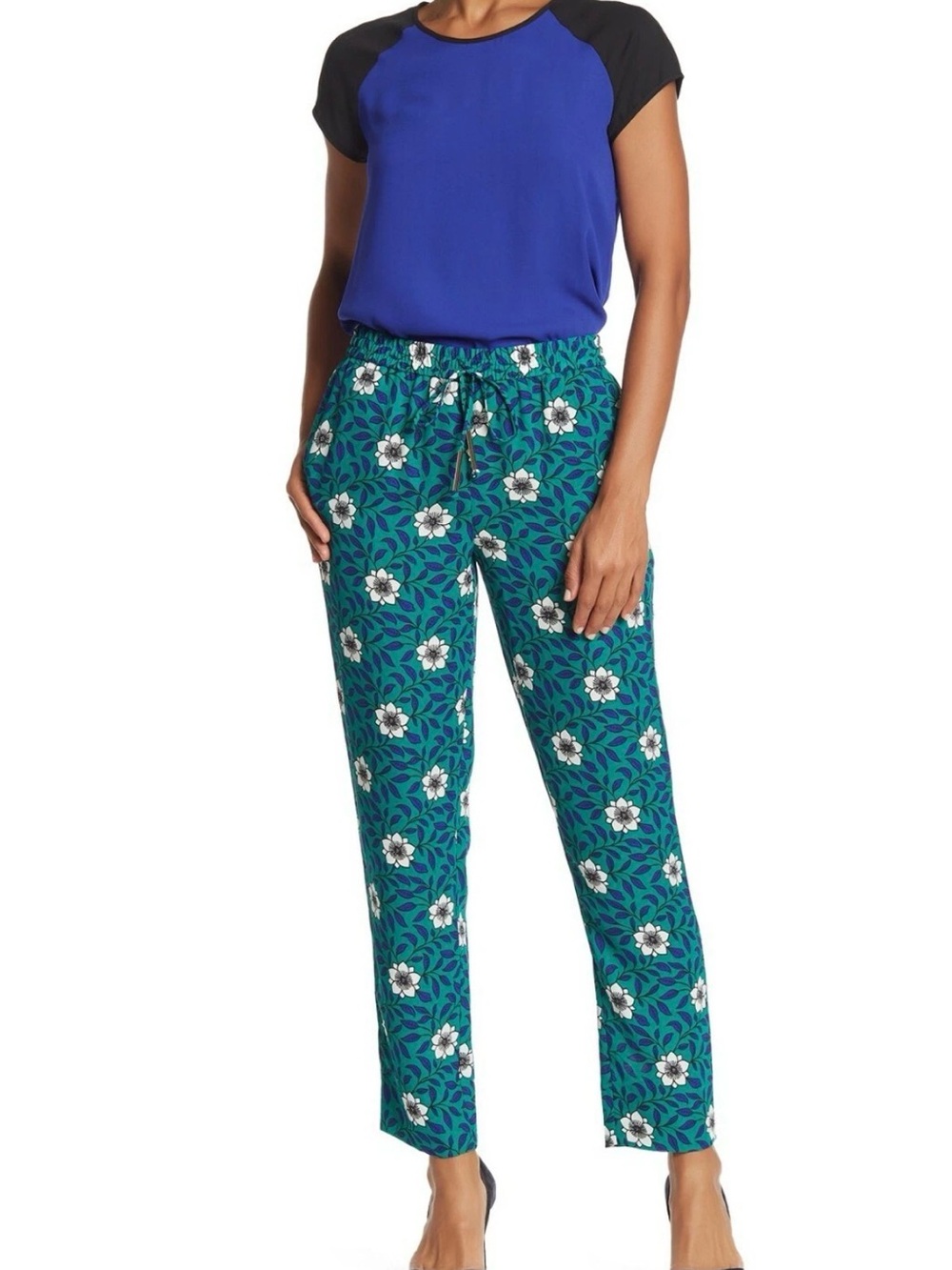 Diane Von Furstenberg Bennet Blue Green Floral Straight-Leg Drawstring Pants